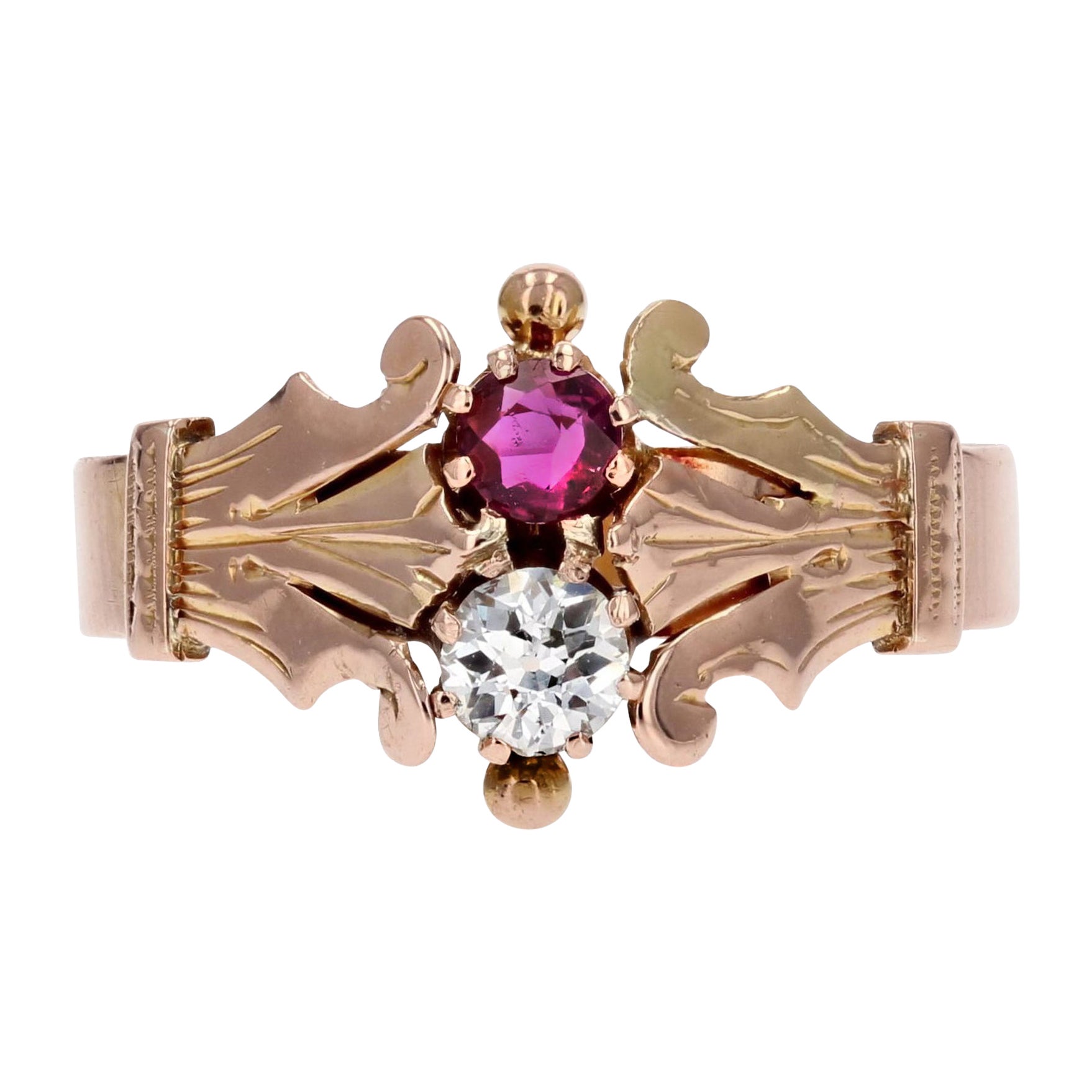 French 19th Century Ruby Diamond 18 Karat Rose Gold You and Me Ring