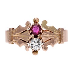 French 19th Century Ruby Diamond 18 Karat Rose Gold You and Me Ring