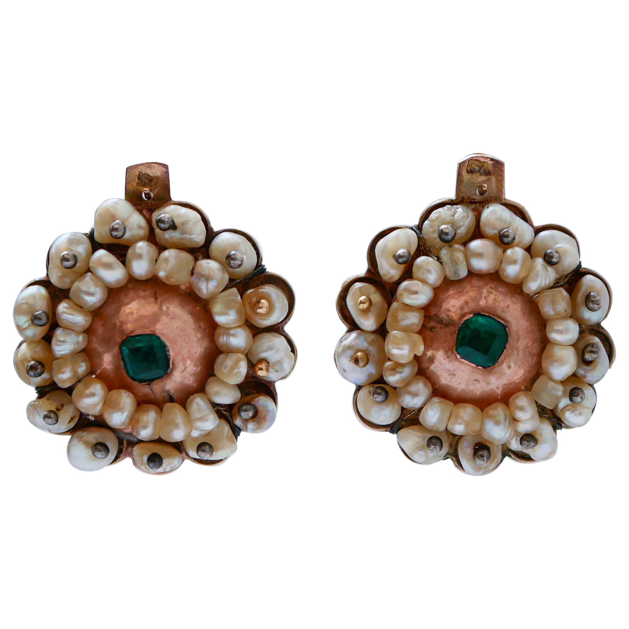 Pearls, Stones. 12 Karat Rose Gold Retrò Earrings. For Sale
