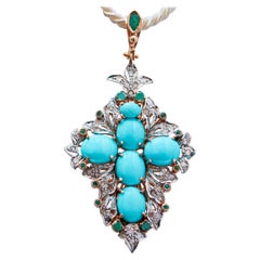 Antique Turquoise, Emeralds, Diamonds, Rose Gold and Silver Cross Pendant.