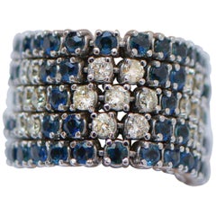 Sapphires, Diamonds, 14 Karat White Gold Band Ring.