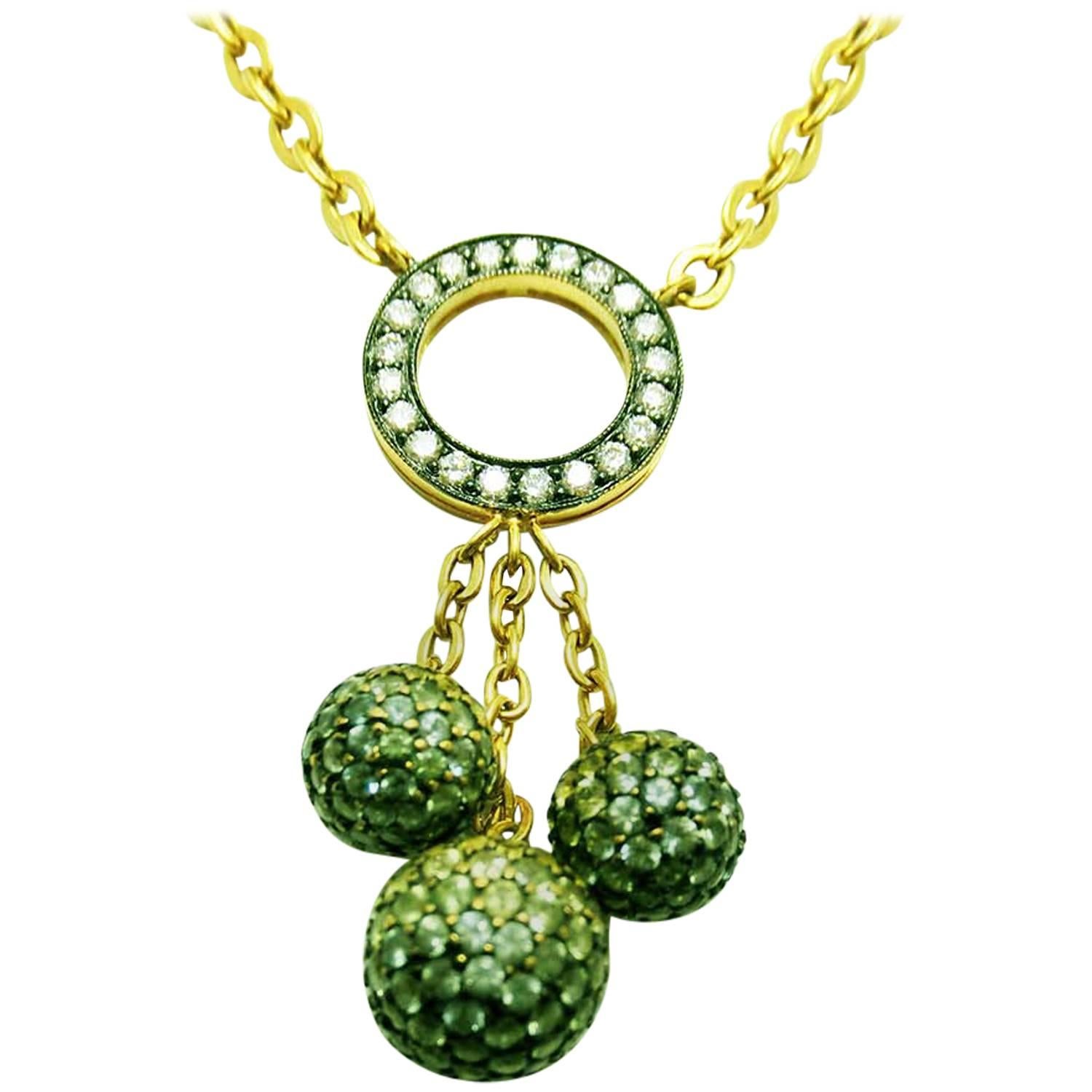 18K White gold Three Balls Necklace with Green, Yellow Sapphire and Diamond For Sale