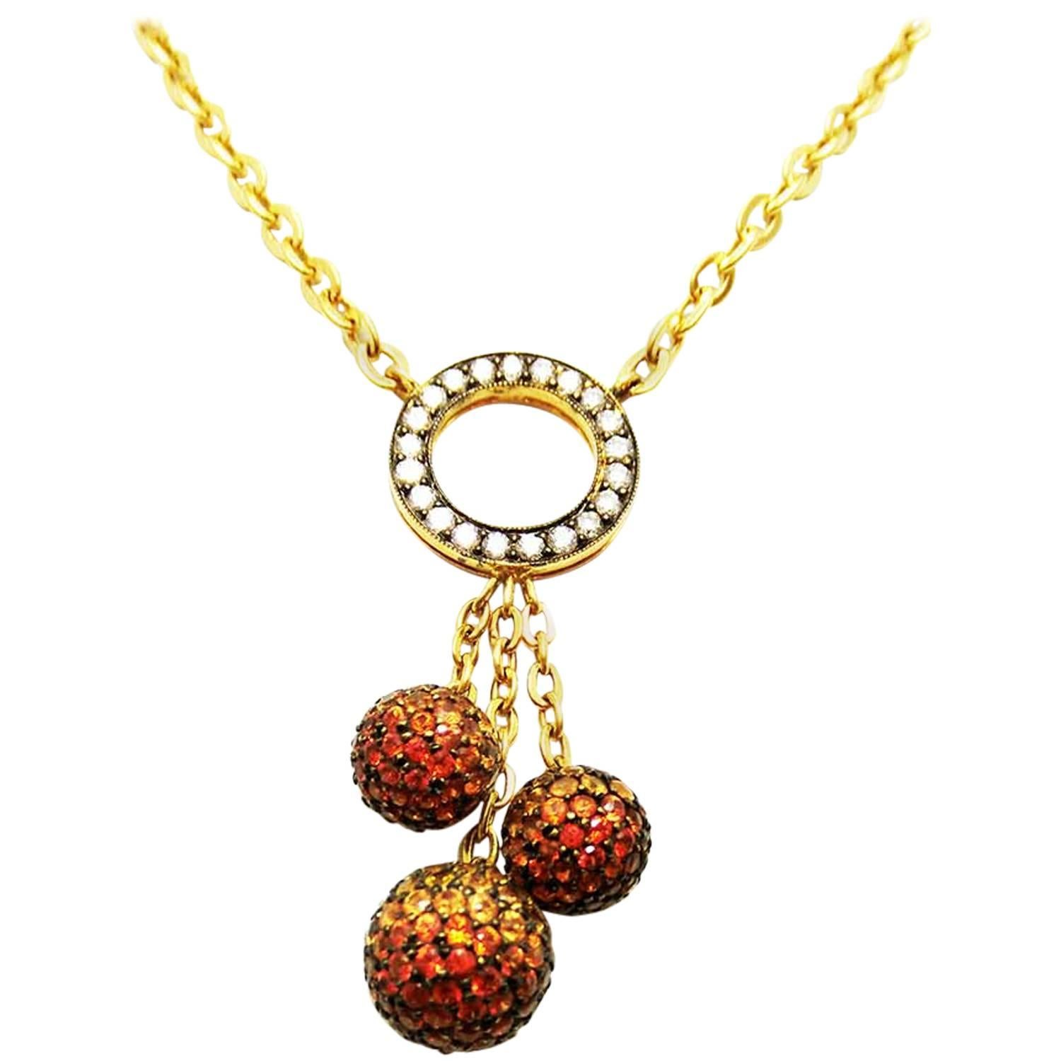 18K White gold Three Balls Necklace with Orange, Yellow Sapphire and Diamond For Sale