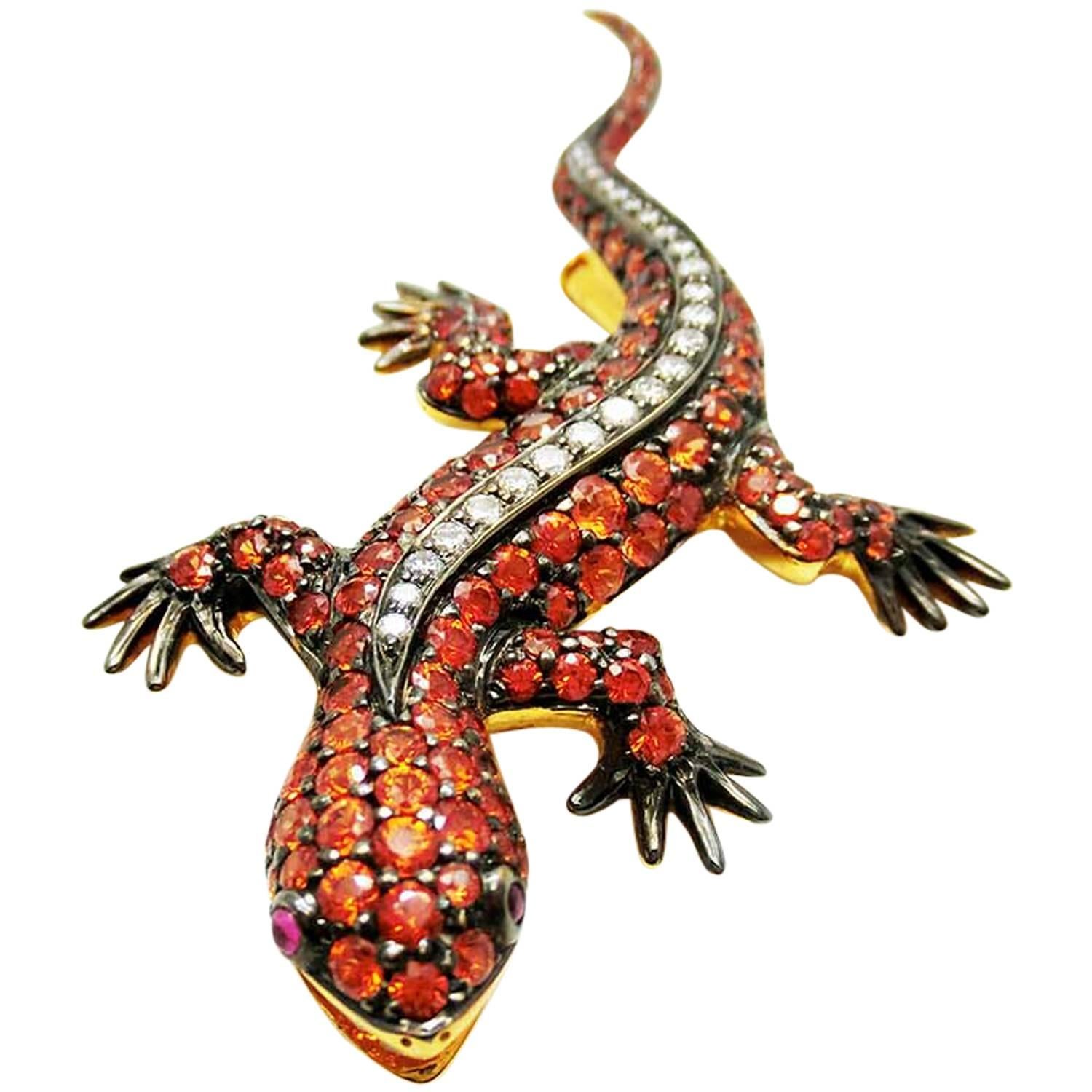 18K White gold Gecko Brooch with Orange Sapphire and Diamond