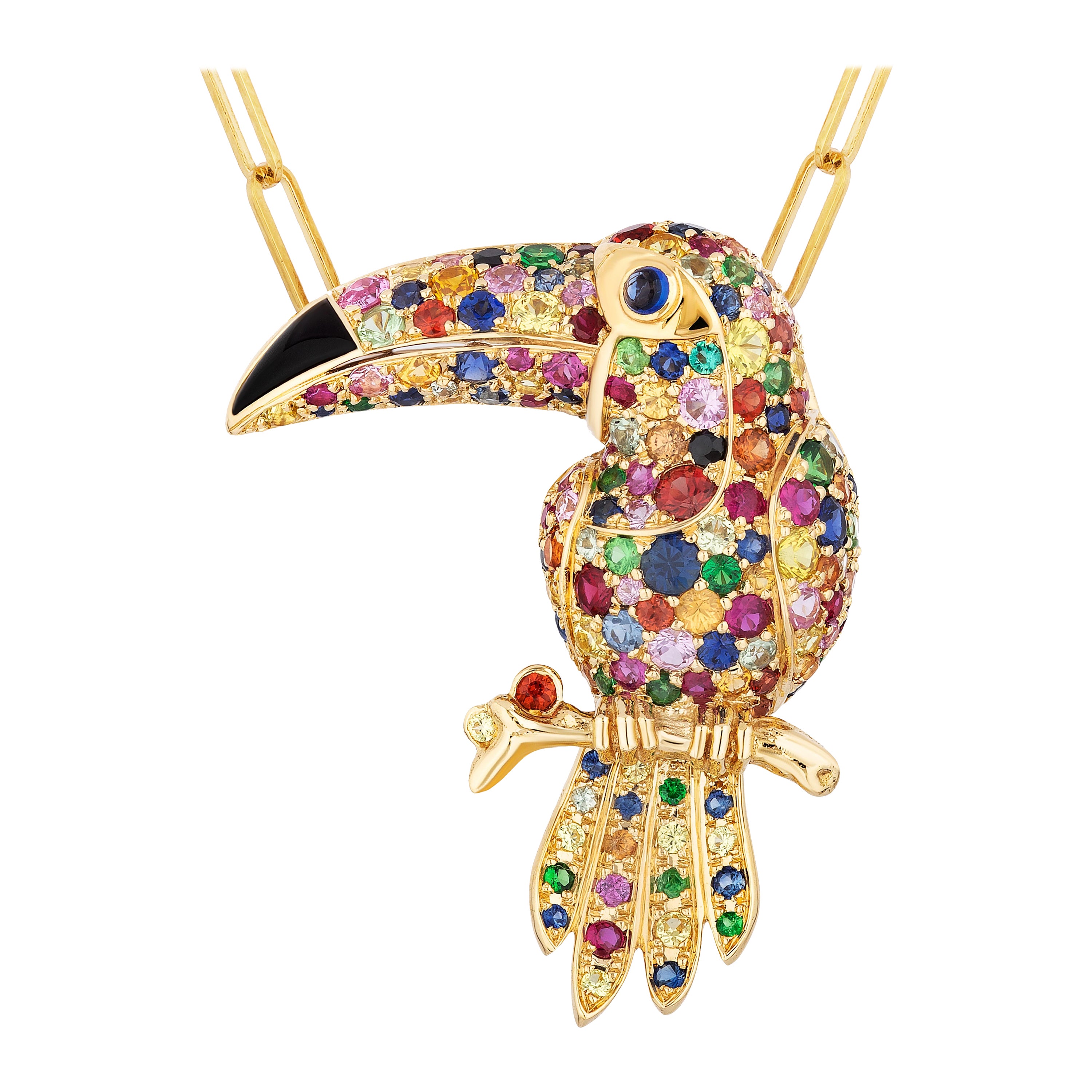 Goshwara Multi Sapphire & Blue Sapphire with Onyx Toucan Brooch/Pendant For Sale