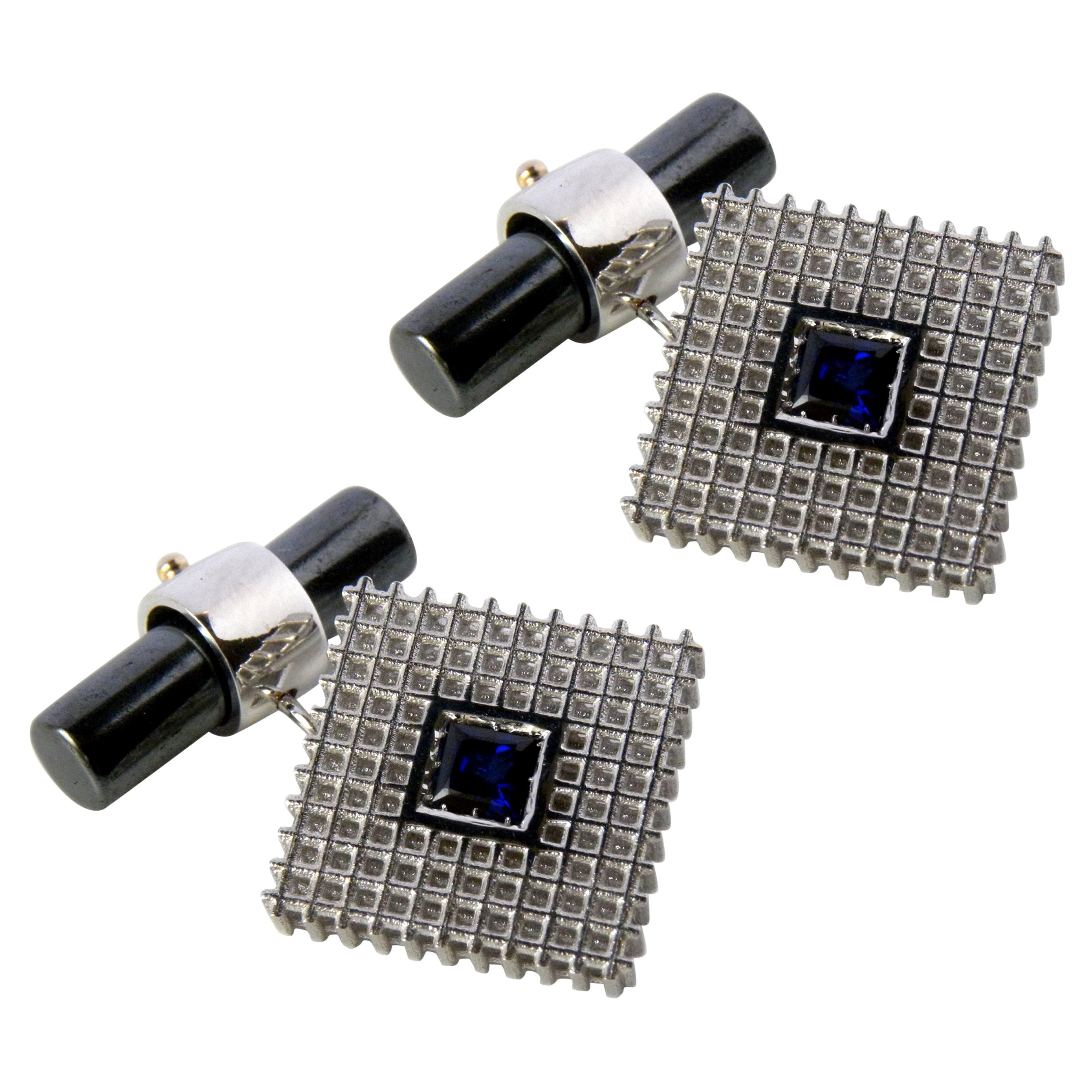 Berca Squared Blue Sapphire Honeycomb White Gold Hematite Stick Back Cufflinks For Sale