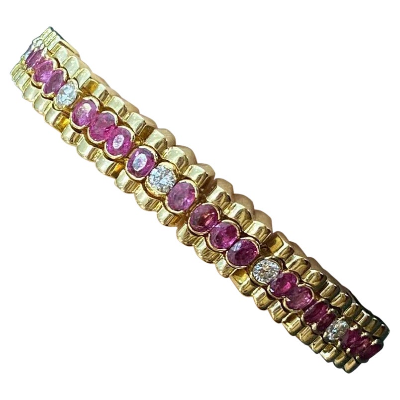 Vintage Ruby and Diamond Line Bracelet in 18k Yellow Gold For Sale