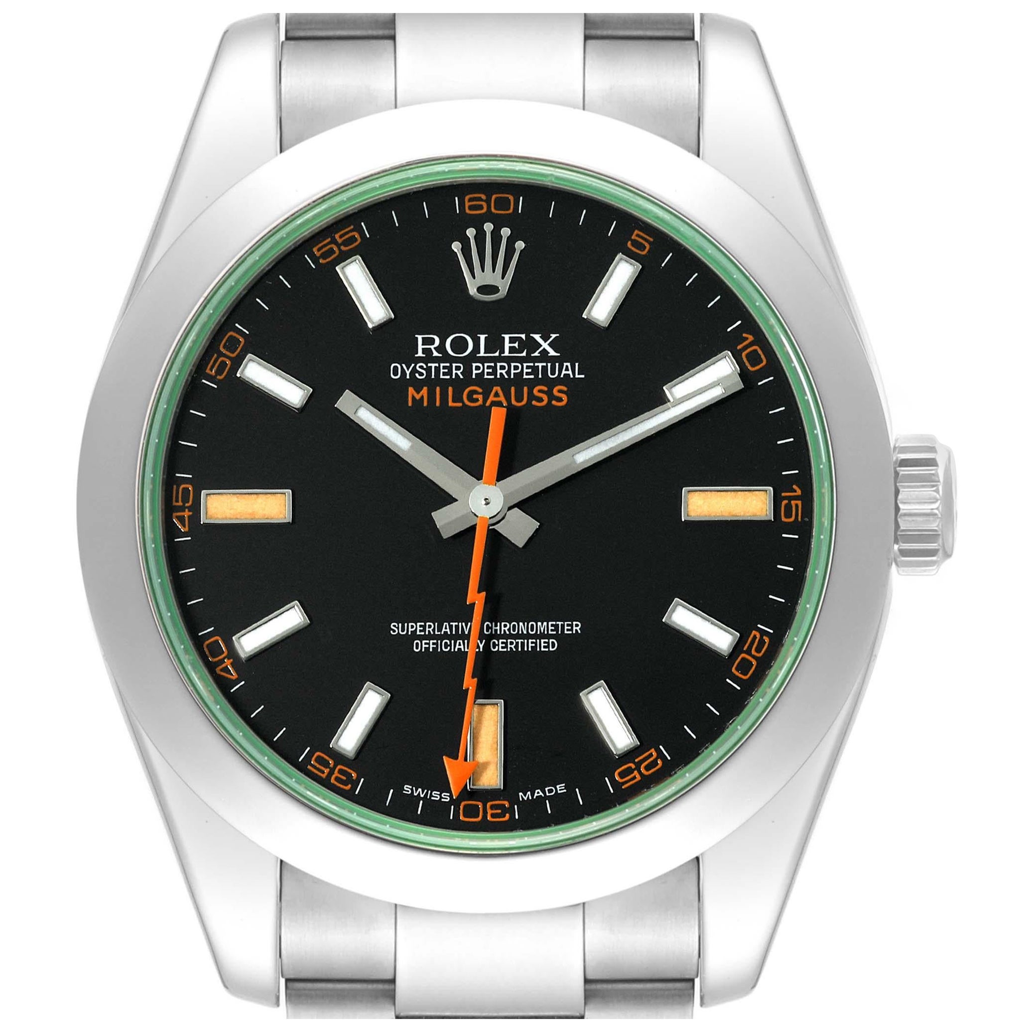 Montre pour homme Rolex Milgauss en acier et cristal vert avec cadran noir 116400 en vente