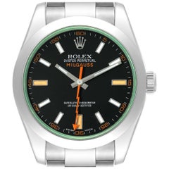 Montre pour homme Rolex Milgauss en acier et cristal vert avec cadran noir 116400