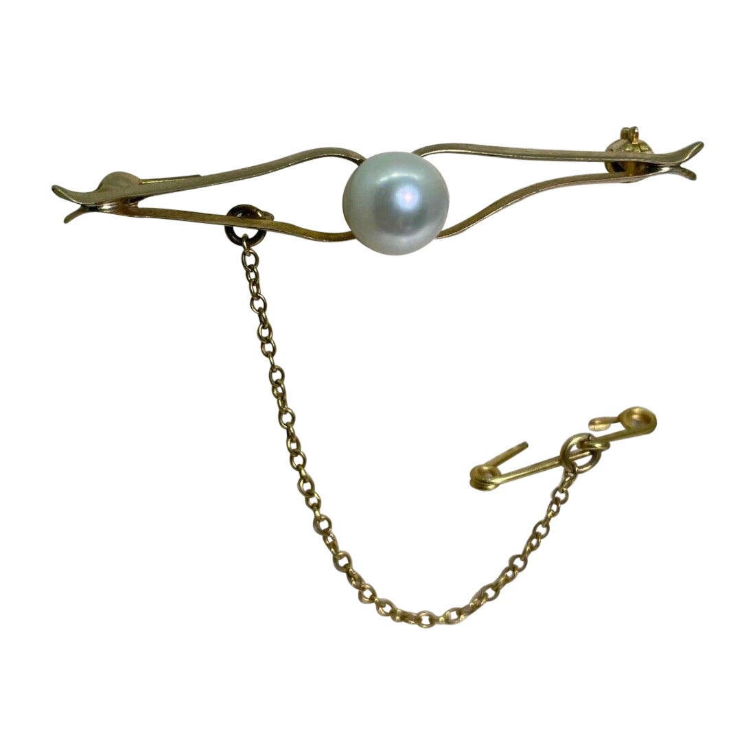 Vintage 1960's 8mm Pearl & 9K Gold Bar Brooch, with security chain.