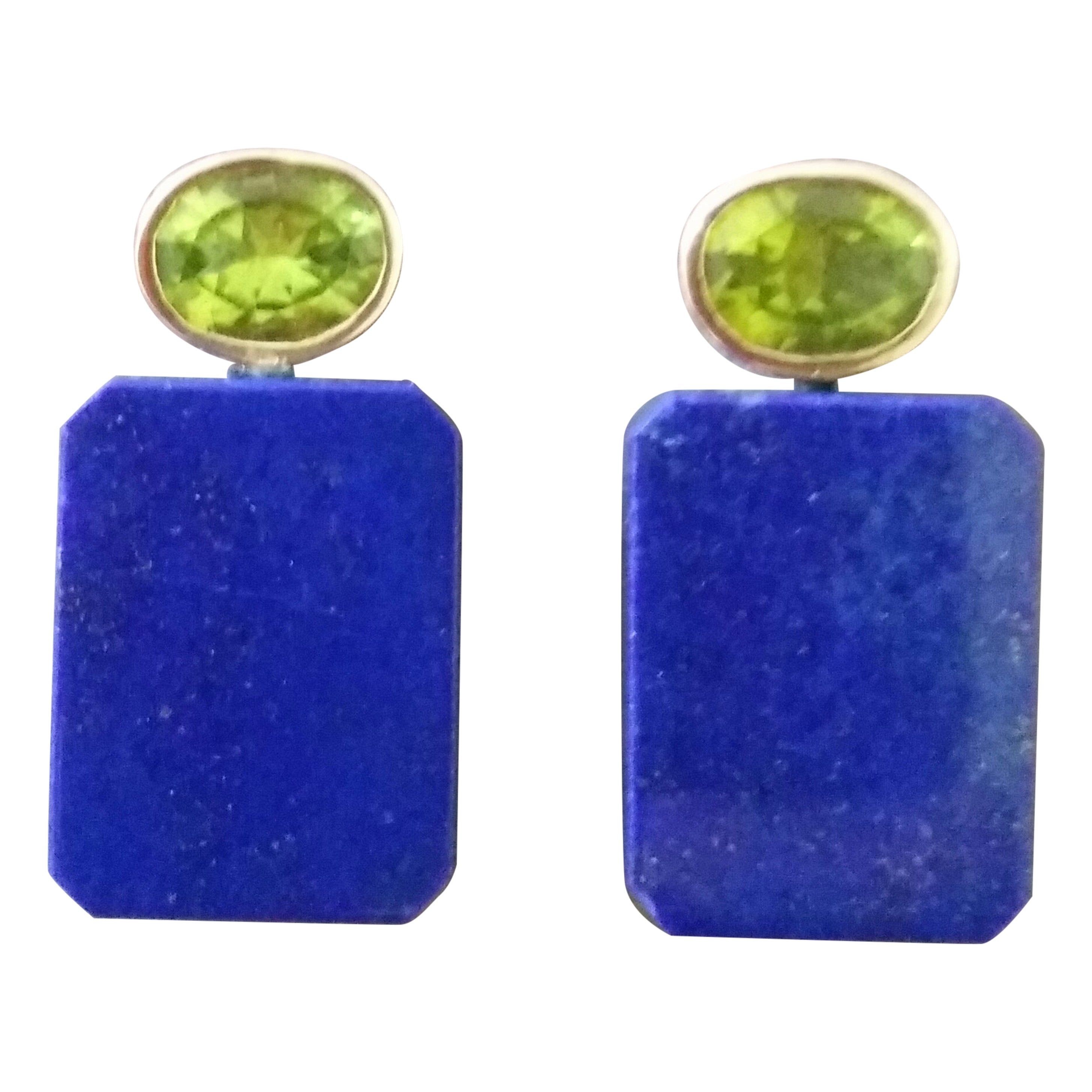 Oval Cut Peridot Genuine Lapis Lazuli Octagon 14K Yellow Gold Earrings For Sale