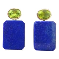 Oval Cut Peridot Genuine Lapis Lazuli Octagon 14K Yellow Gold Earrings