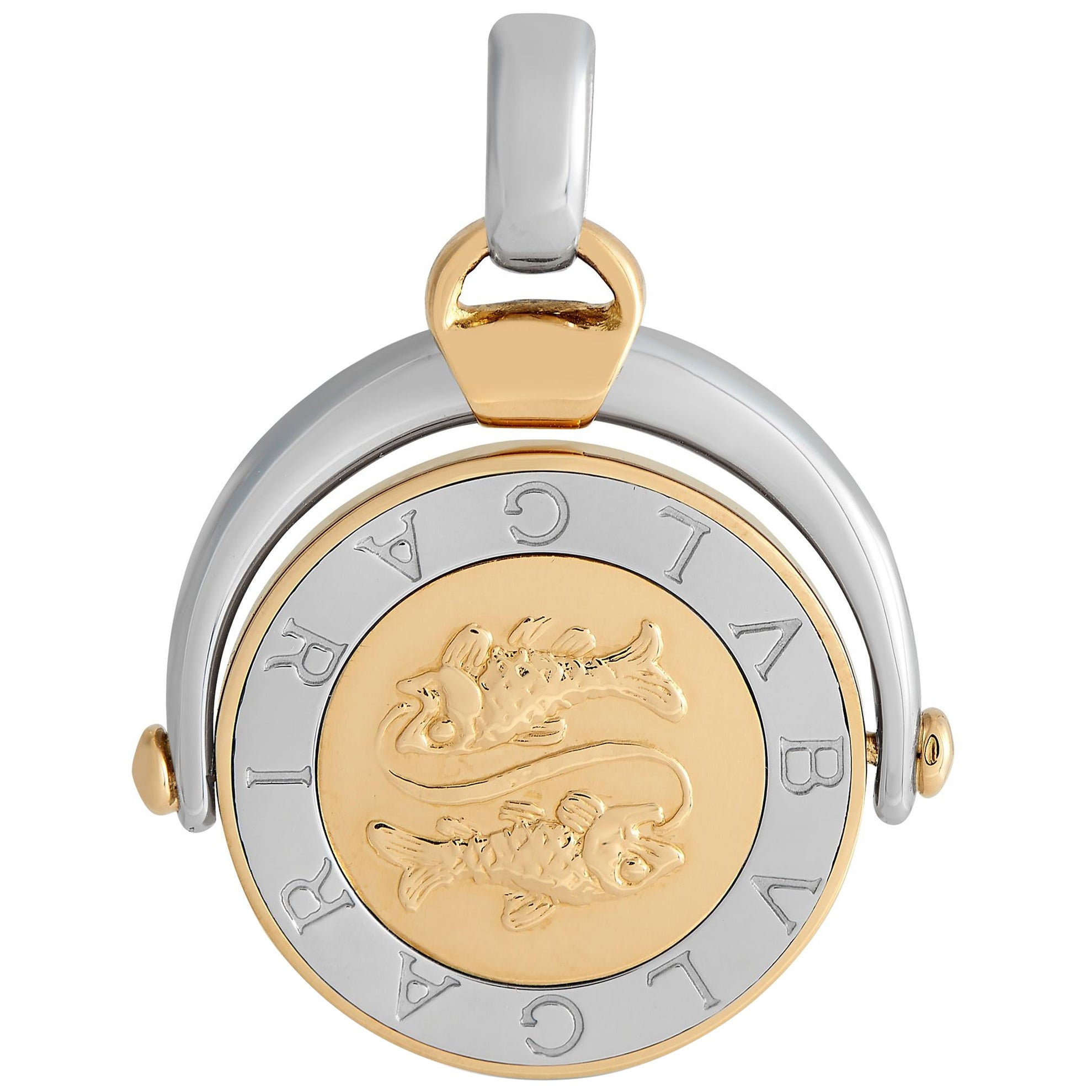 Bvlgari 18K Yellow Gold and Stainless Steel Pisces Zodiac Sign Pendant For Sale