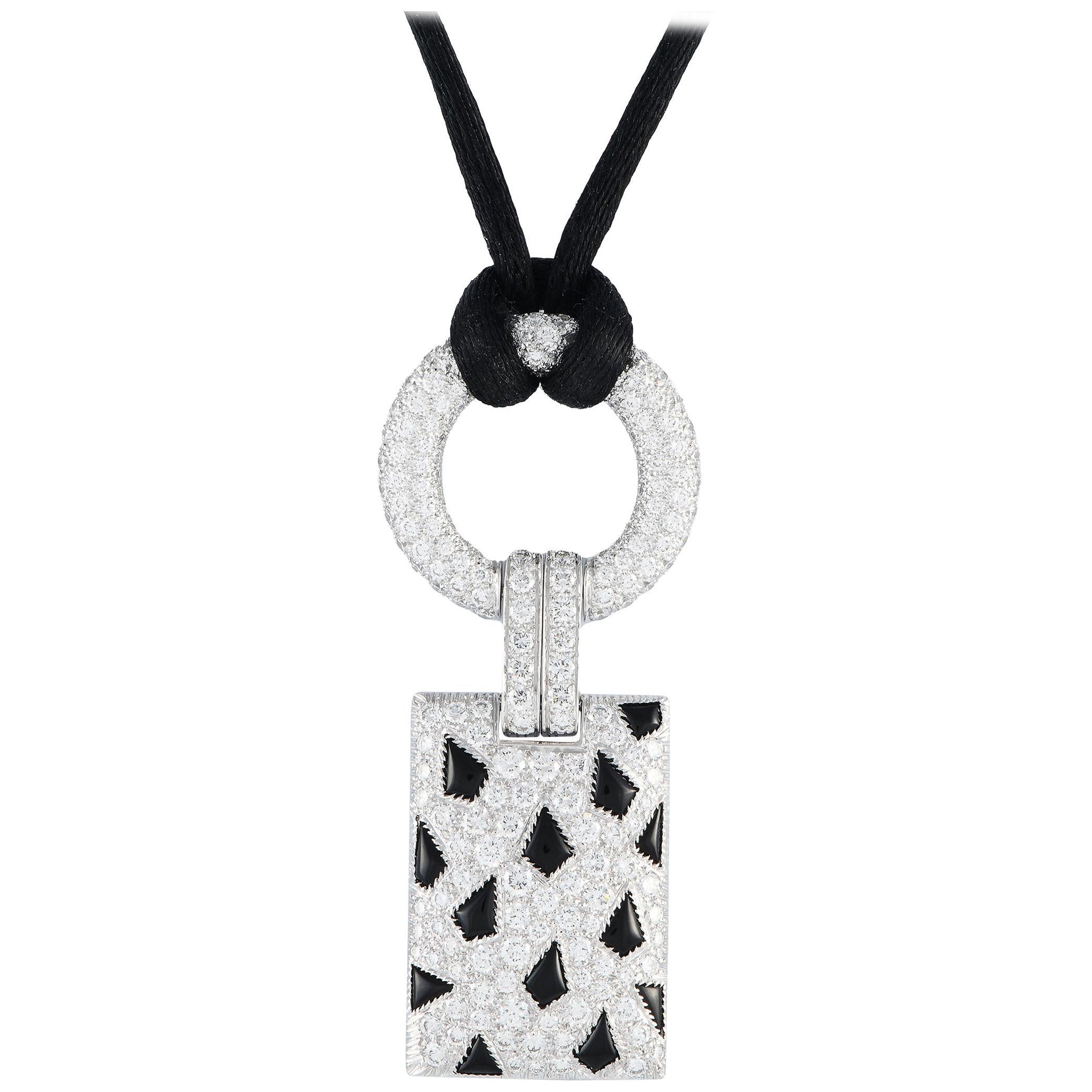Cartier Panthere 18K White Gold 2.85ct Diamond and Onyx Pendant Necklace 