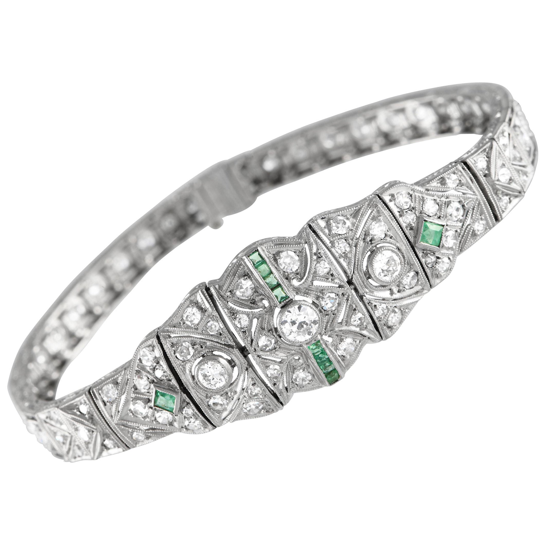 Platinum 2.50ct Diamond and Emerald Art Deco Bracelet MF10-012924 For Sale