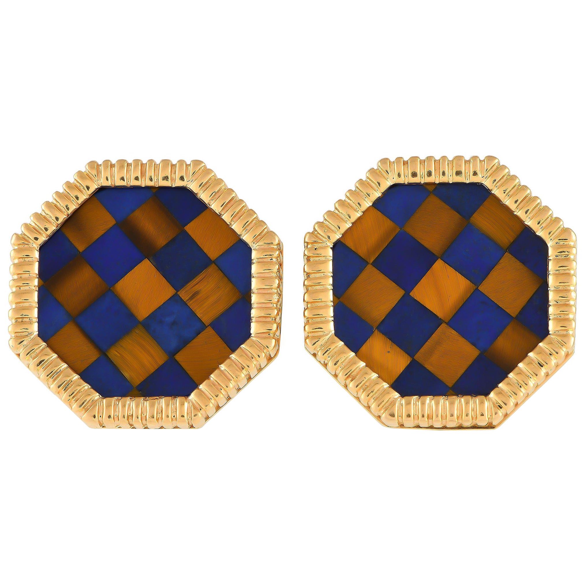 14K Yellow Gold Tigers Eye and Lapis Checkered Cufflinks MF13-012424 For Sale