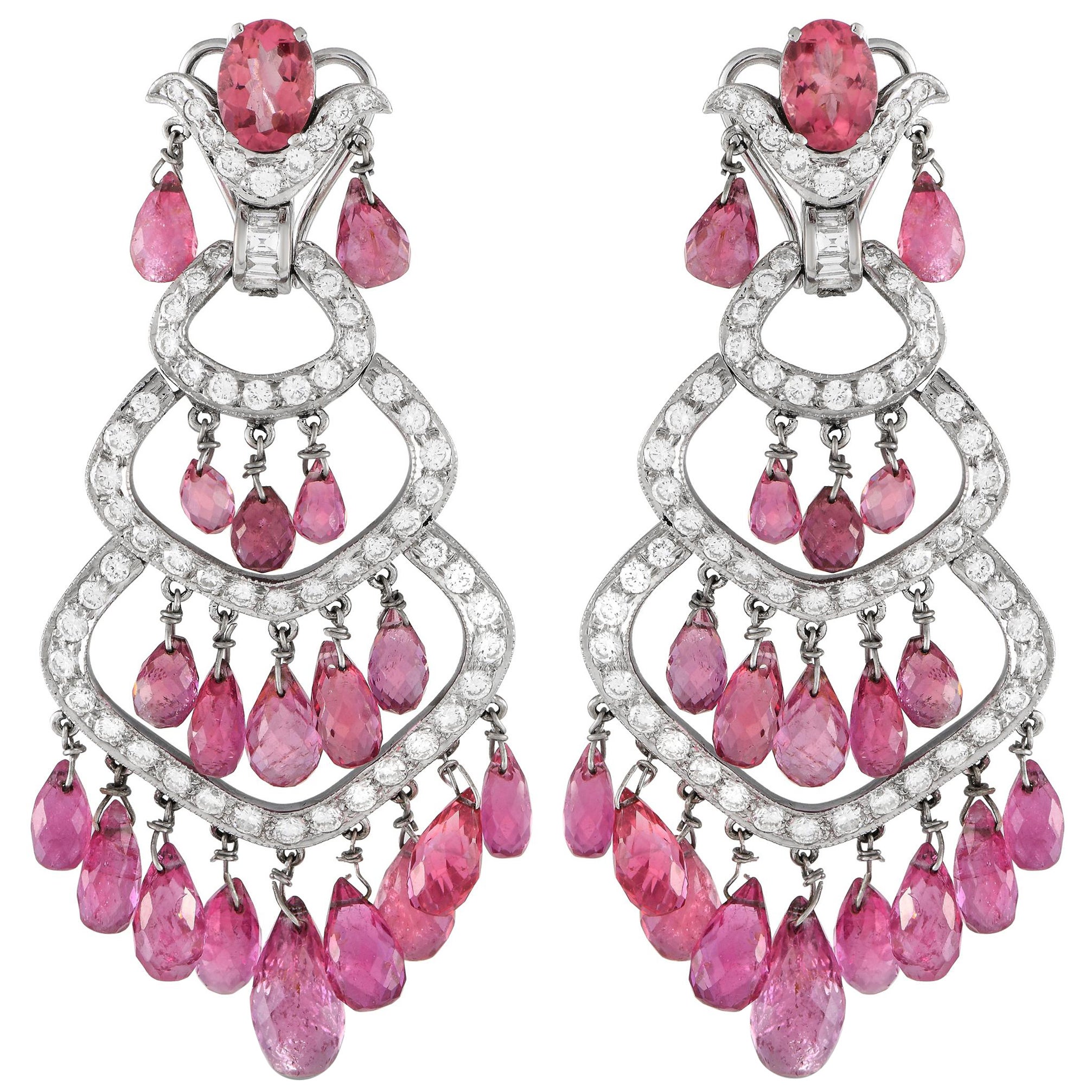 18K White Gold 2.65ct Diamond & Pink Tourmaline Chandelier Earrings MF06-013024 For Sale