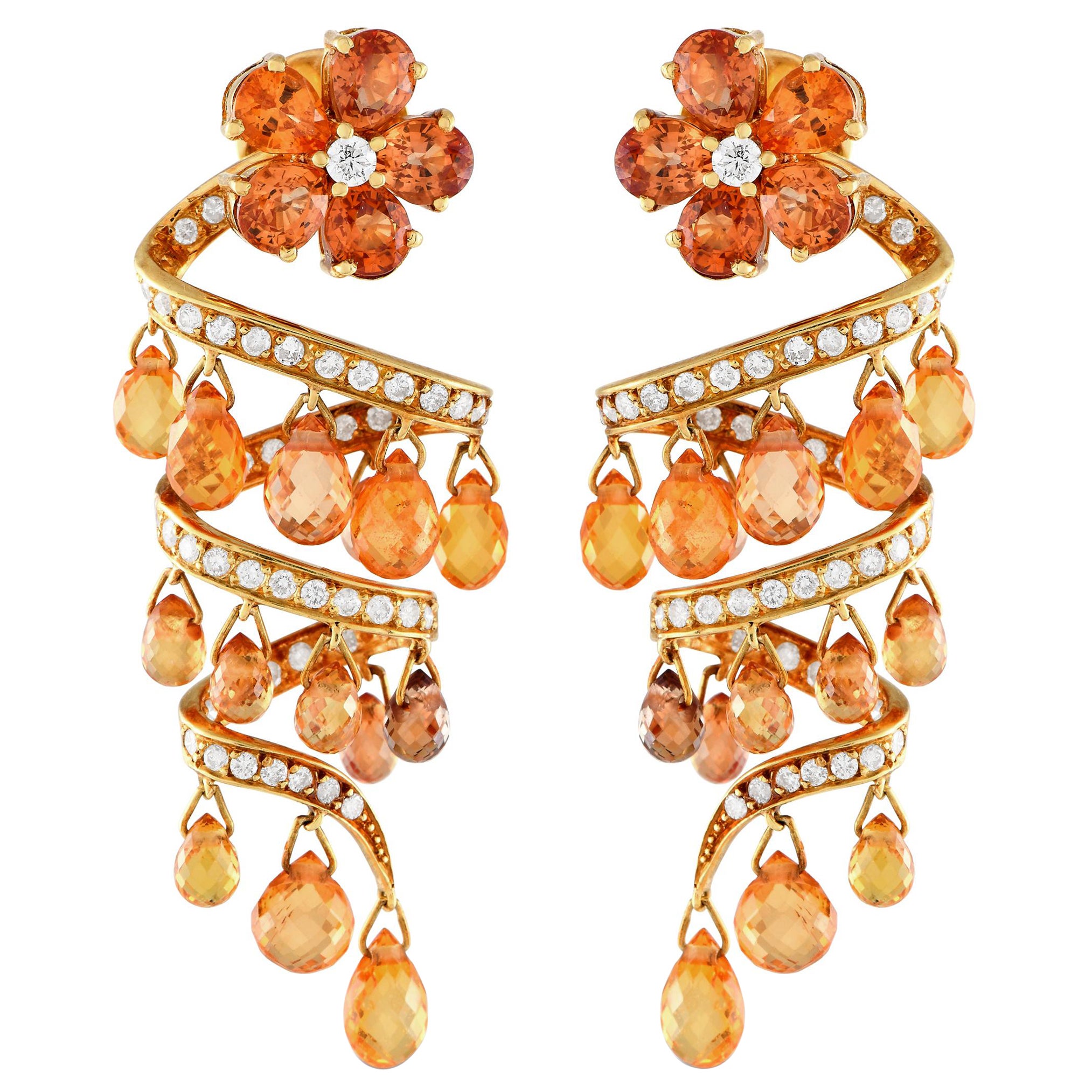 18K Yellow Gold 1.40ct Diamond & Citrine Spiral Chandelier Earrings MF07-013024