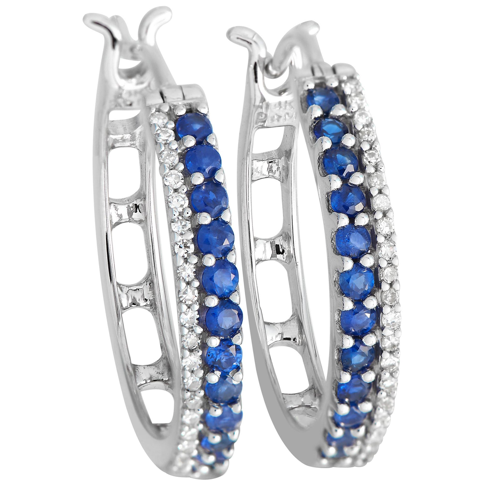 14K White Gold 0.15ct Diamond and Blue Sapphire Hoop Earrings ER28312 For Sale