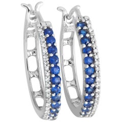 14K White Gold 0.15ct Diamond and Blue Sapphire Hoop Earrings ER28312
