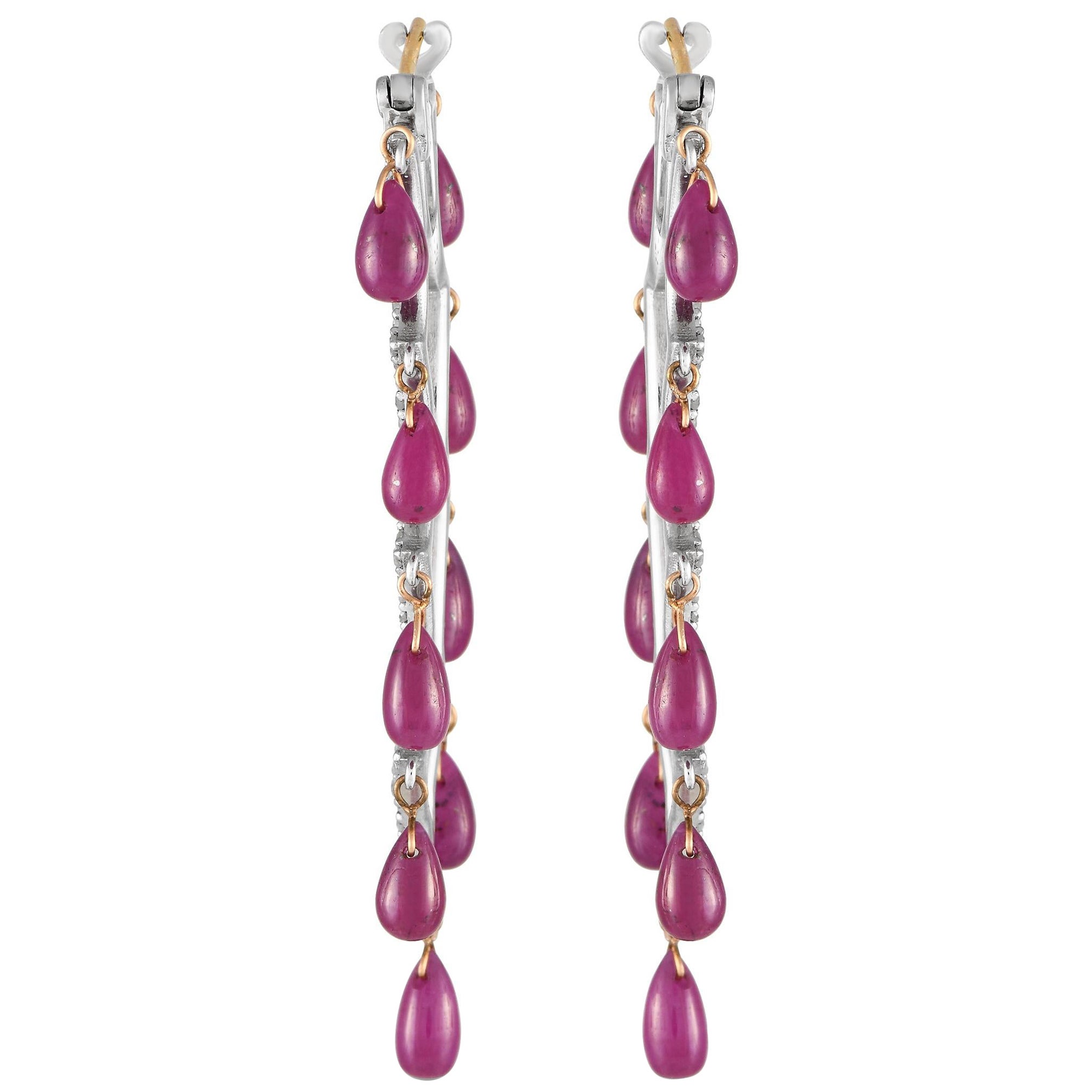 14K Yellow Gold and Silver 1.29ct Diamond and Ruby Dangle Earrings MF02-020124 For Sale