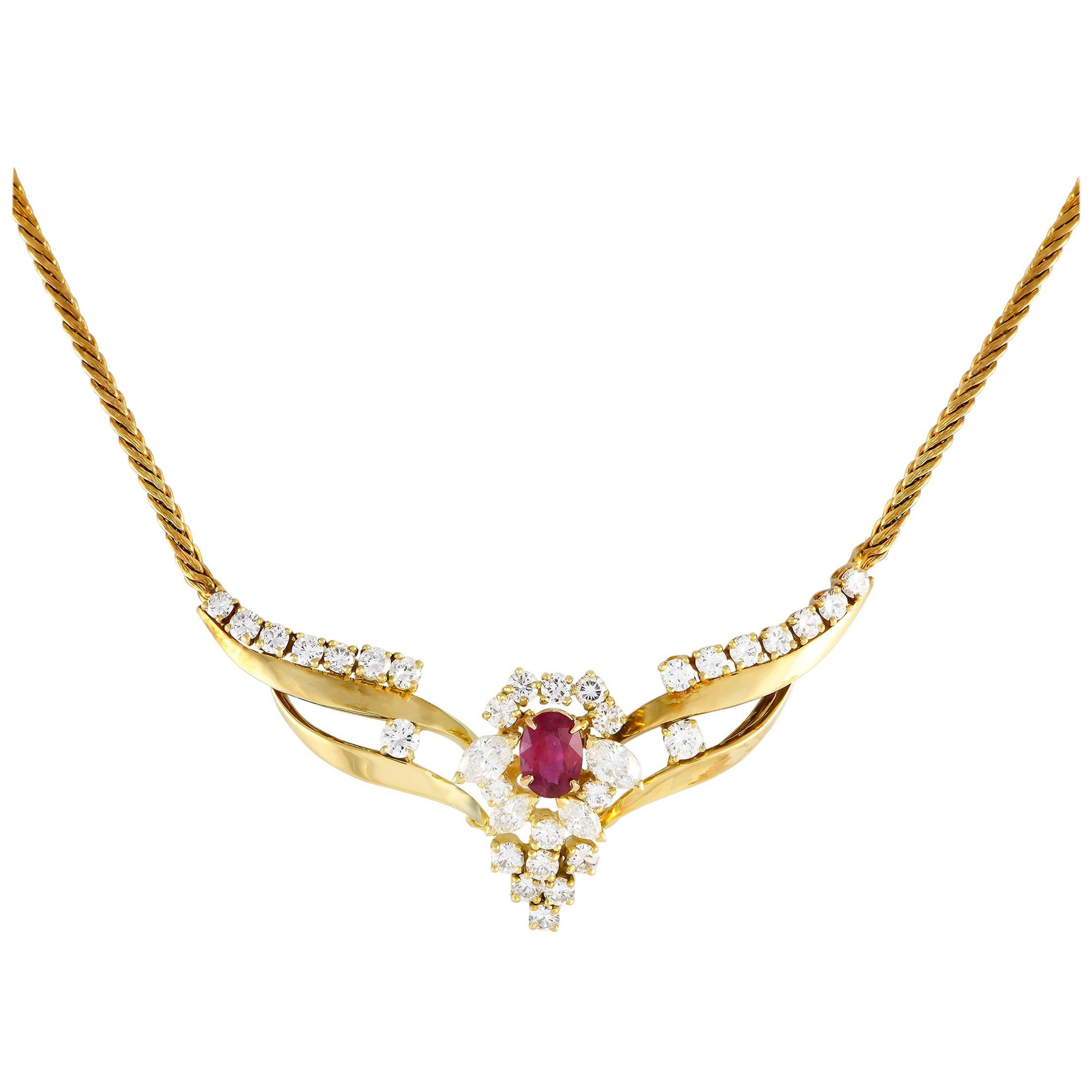 14K Yellow Gold 4.0ct Diamond and Burma Heated Ruby Necklace MF31-012324 For Sale