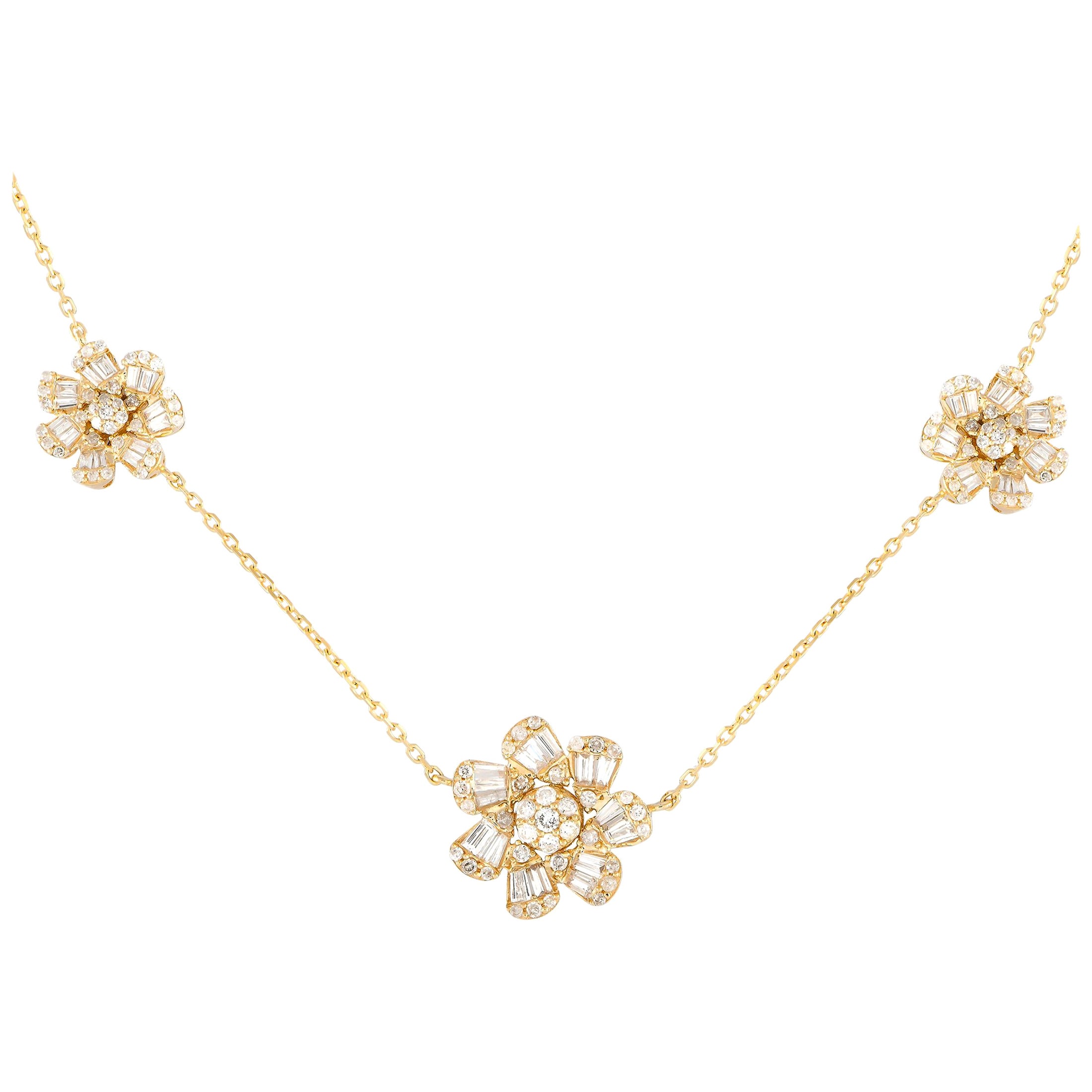 14K Yellow Gold 1.20ct Diamond Three Flower Necklace NK01360 For Sale
