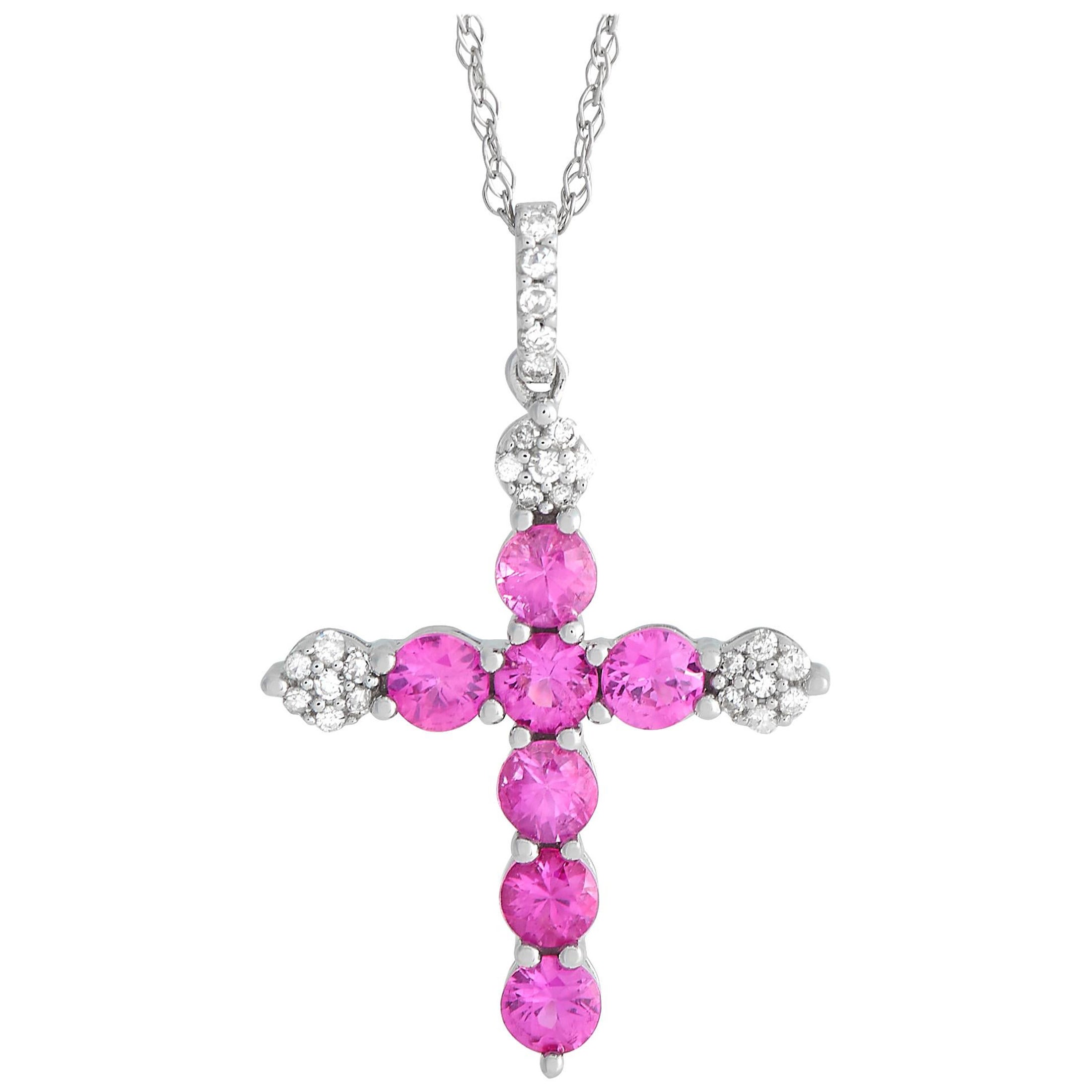 14K White Gold 0.09ct Diamond and Pink Sapphire Cross Necklace For Sale