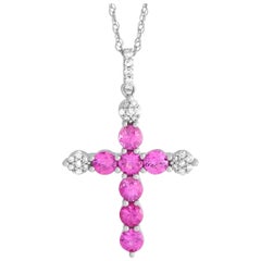 14K White Gold 0.09ct Diamond and Pink Sapphire Cross Necklace