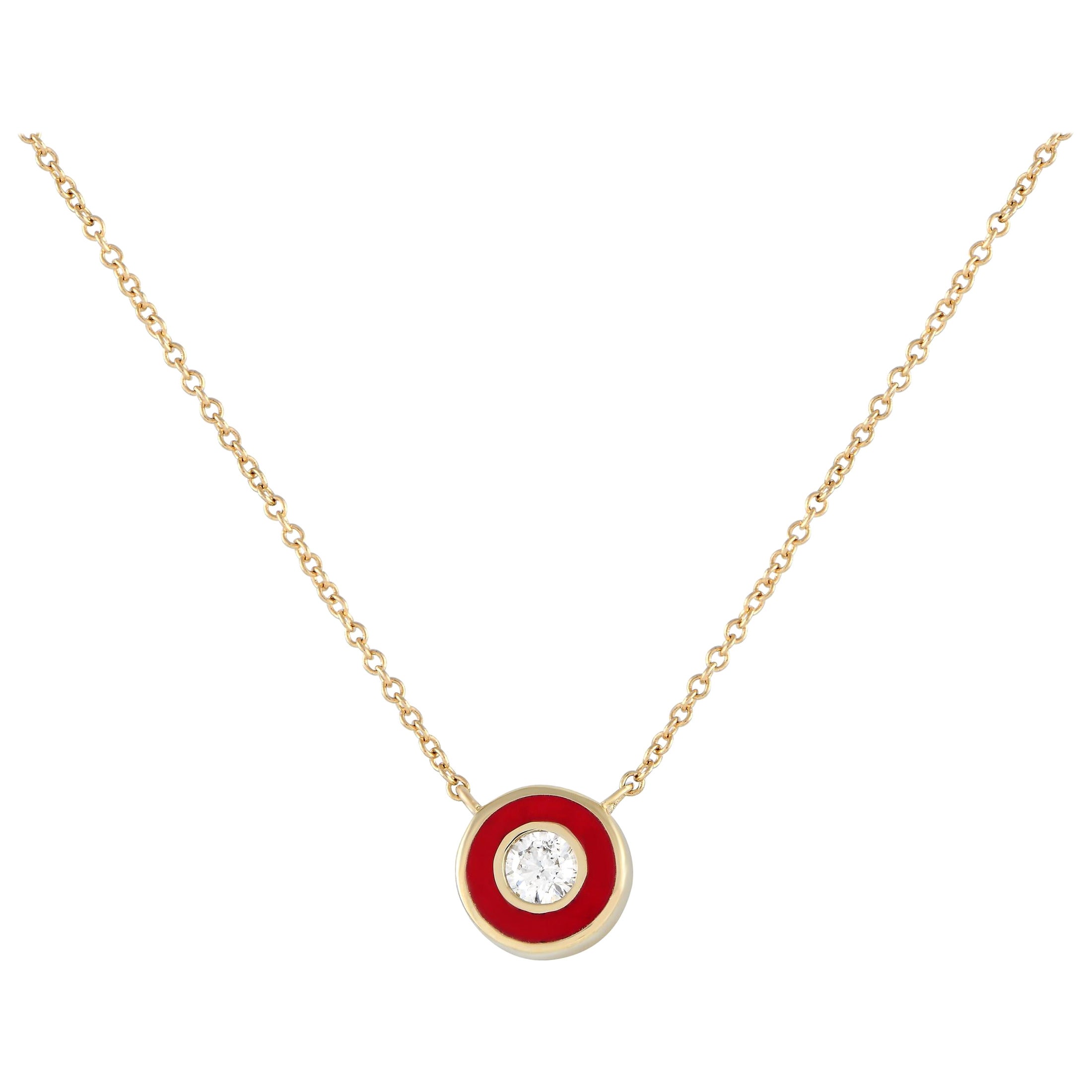 14K Yellow Gold 0.13ct Diamond and Red Enamel Necklace PN15200-Y