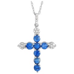 14K White Gold 0.09ct Diamond and Blue Sapphire Cross Necklace PN15011