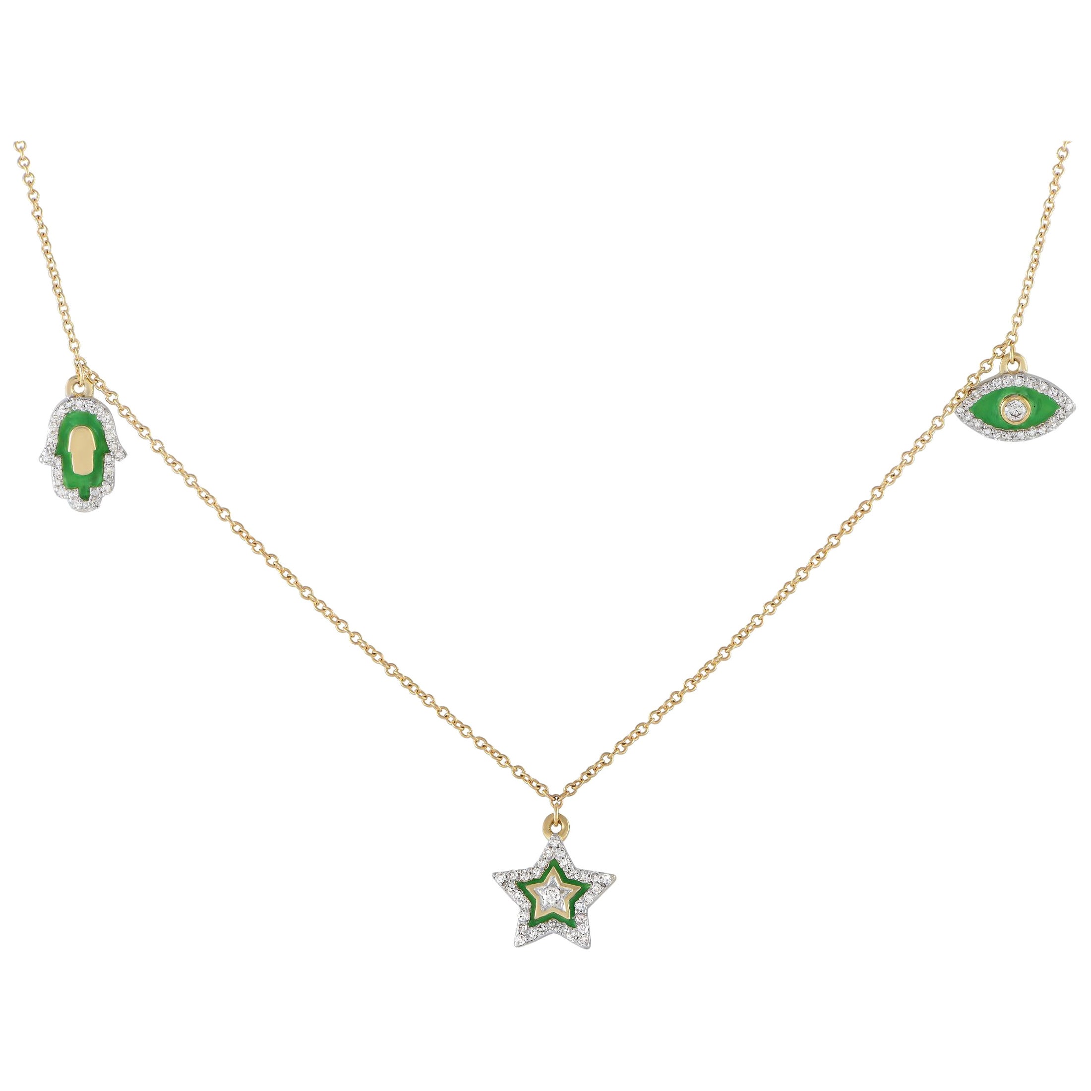14K Yellow Gold 0.25ct Diamond Hamsa, Evil Eye, and Star Green Enamel Necklace For Sale