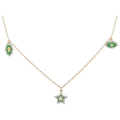14K Yellow Gold 0.25ct Diamond Hamsa, Evil Eye, and Star Green Enamel Necklace