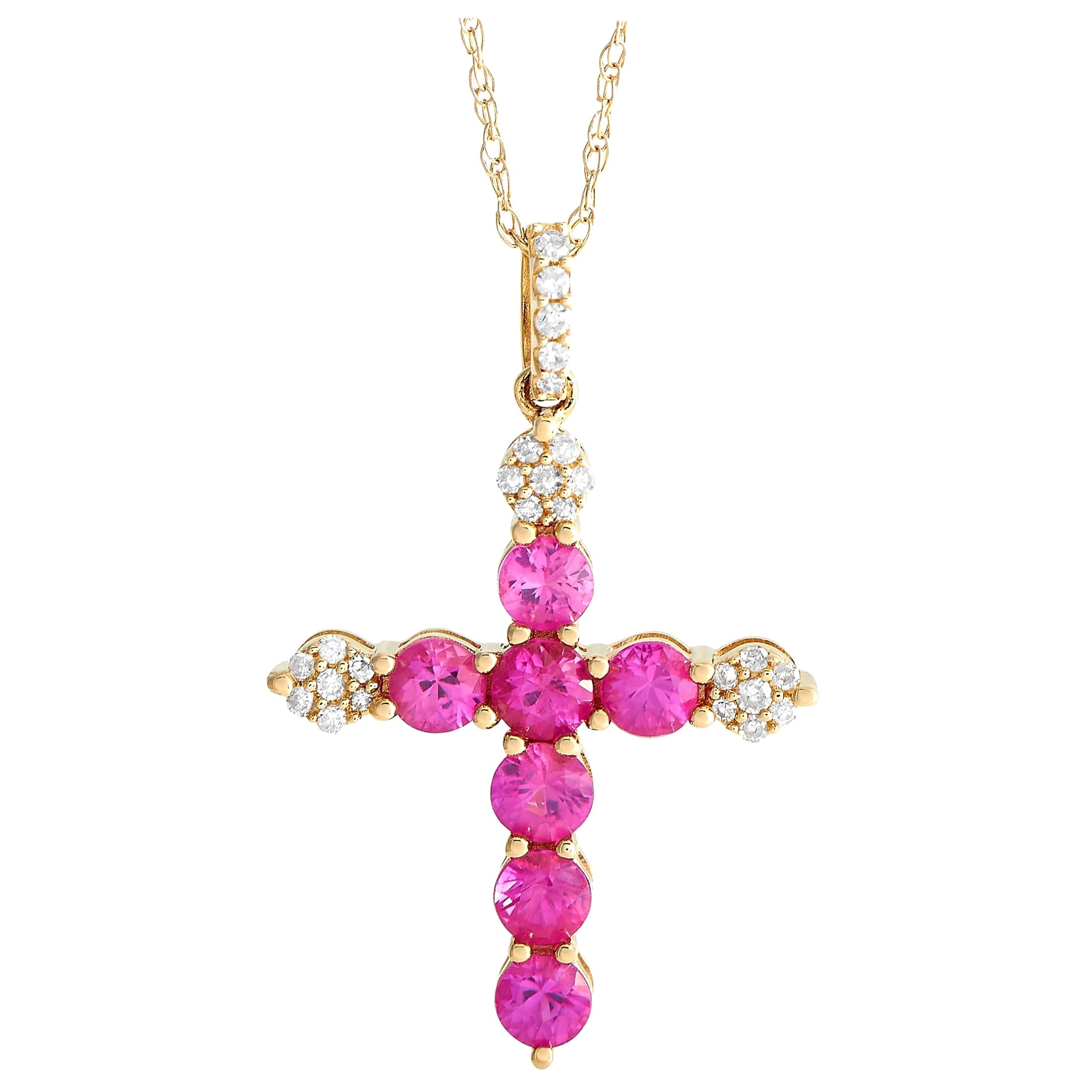 14K Yellow Gold 0.09ct Diamond and Pink Sapphire Cross Necklace PN15011 For Sale