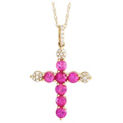 14K Yellow Gold 0.09ct Diamond and Pink Sapphire Cross Necklace PN15011