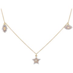 14K Yellow Gold 0.25ct Diamond Hamsa, Evil Eye, and Star Pink Enamel Necklace