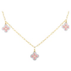 14K Yellow Gold 0.25ct Diamond and Pink Enamel Three Flower Necklace NK01431