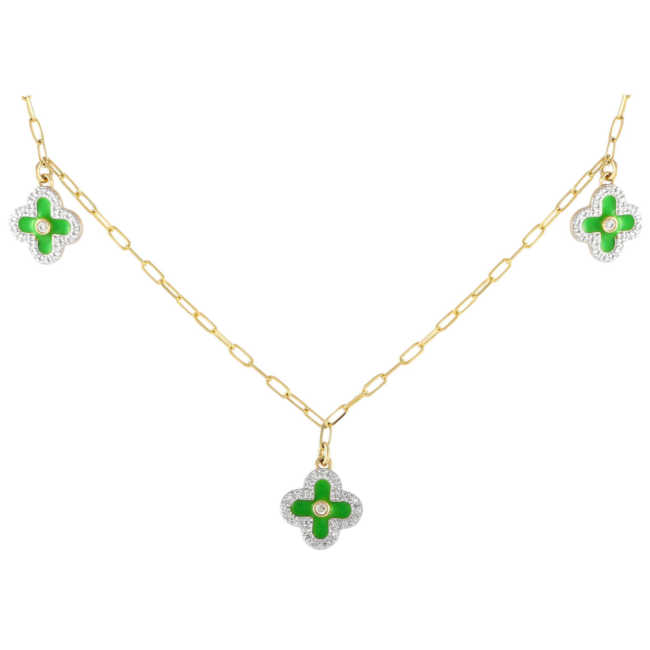 14K Yellow Gold 0.25ct Diamondand Green Enamel Three Flower Necklace NK01431 For Sale
