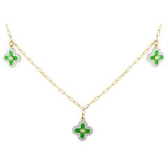 14K Yellow Gold 0.25ct Diamondand Green Enamel Three Flower Necklace NK01431