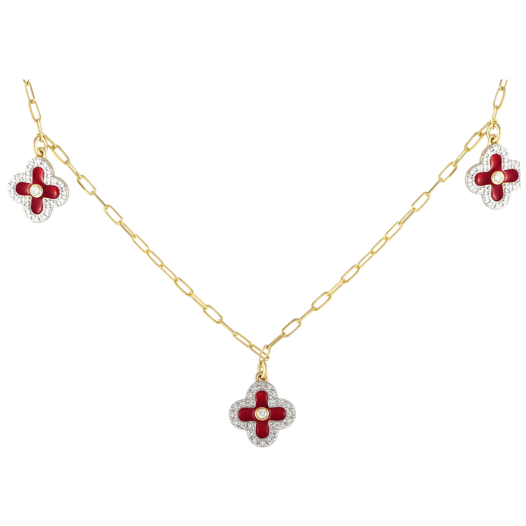 14K Yellow Gold 0.25ct Diamond and Red Enamel Three Flower Necklace NK01431 For Sale