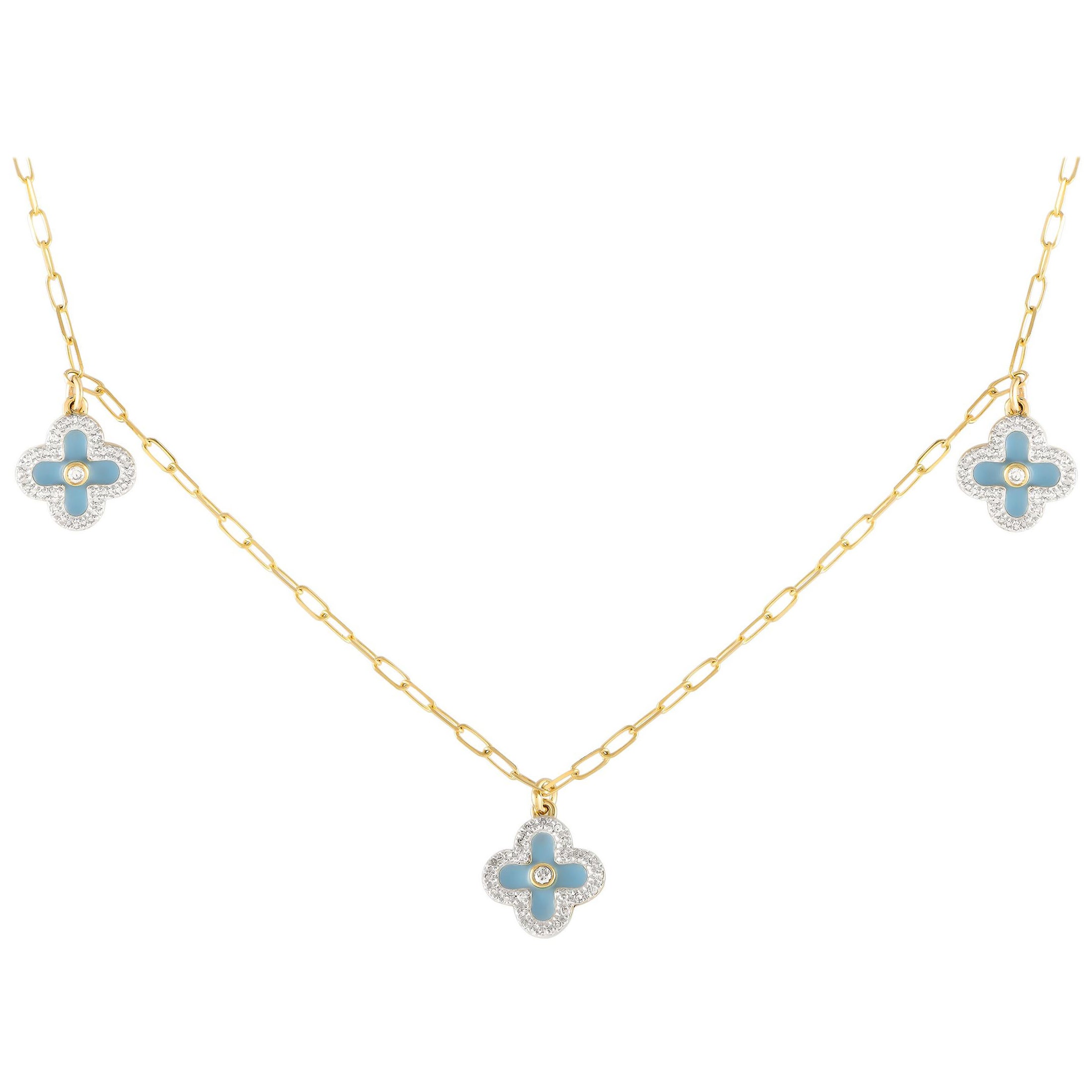 14K Gelbgold 0,25 Karat Diamant und blaue Emaille Drei-Blumen-Halskette NK01431 im Angebot