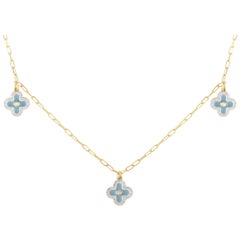 14K Yellow Gold 0.25ct Diamond and Blue Enamel Three Flower Necklace NK01431