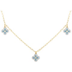 14K Yellow Gold 0.25ct Diamond and Blue Enamel Three Flower Necklace NK01431