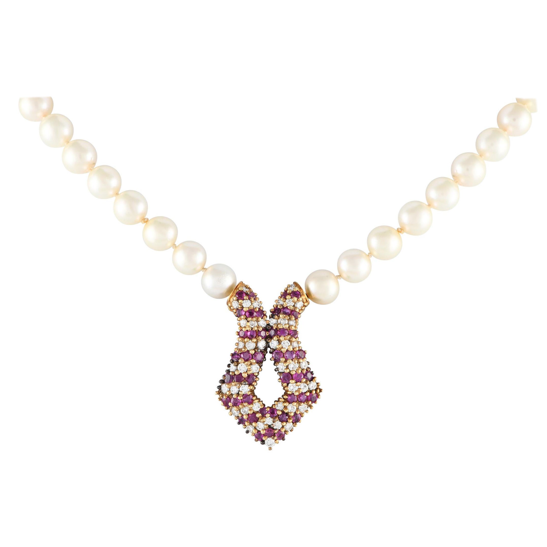 18K Yellow Gold 1.20ct Diamond, Ruby, and Pearl Necklace 