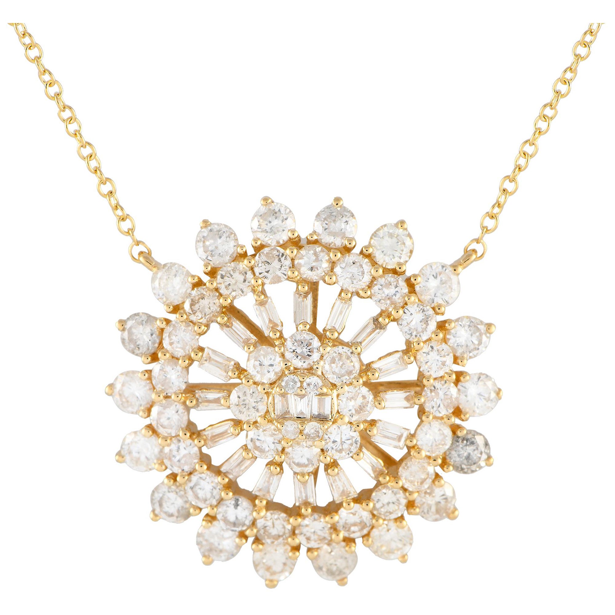 14K Yellow Gold 1.75ct Diamond Sunburst Necklace PN15250-Y For Sale