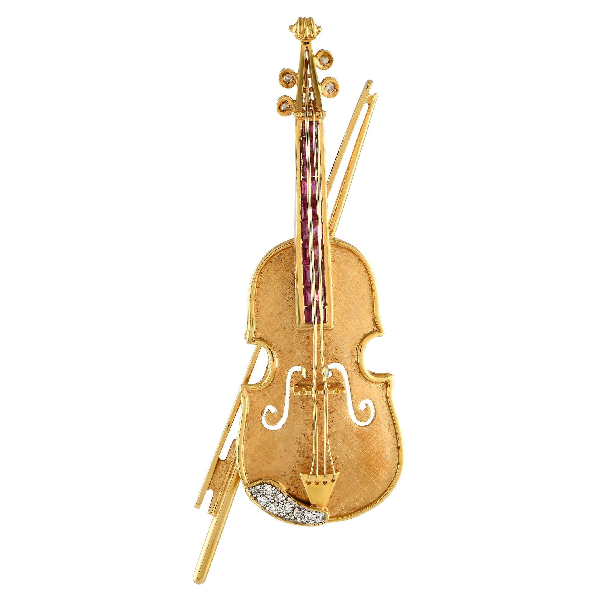 18 Karat Gelbgold 0,15 Karat Diamant und Rubin Violin Brosche MF37-012324