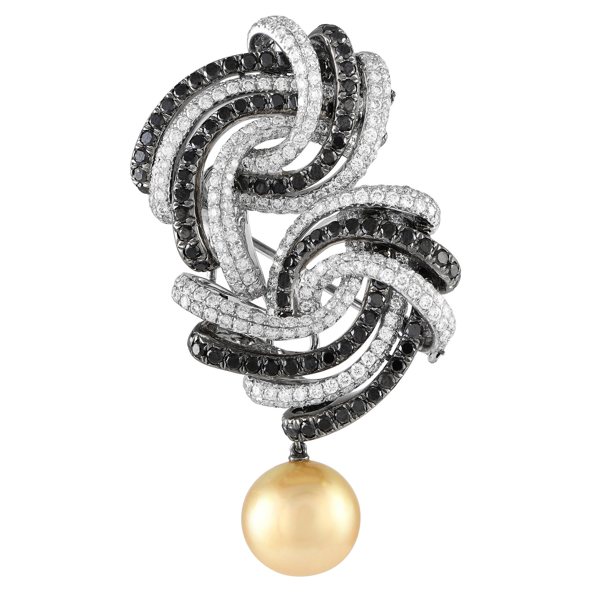 18K White Gold 6.75ct White and Black Diamond, Pearl Brooch  For Sale