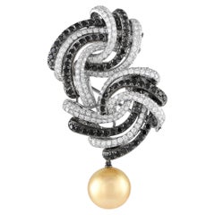 18K White Gold 6.75ct White and Black Diamond, Pearl Brooch 