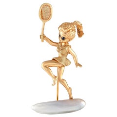 William Ruser 14K Yellow Gold Pearl & Sapphire Tennis Player Brooch MF05-012324