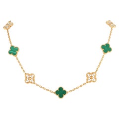 Retro Van Cleef & Arpels Alhambra 18K Yellow Gold 2.42ct Diamond Malachite Necklace